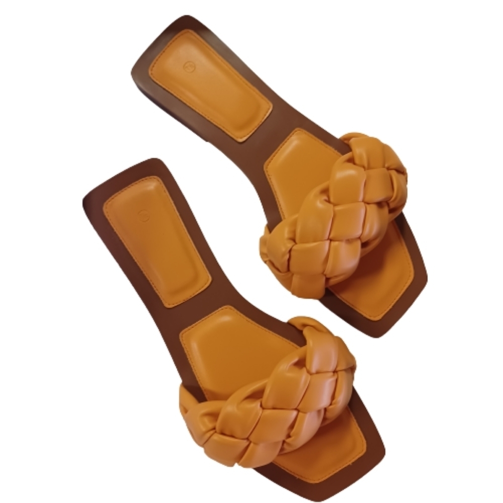 VETASTE ZBY Women's Square Open Toe Braided Leather Orange Slip On Slide Shoes